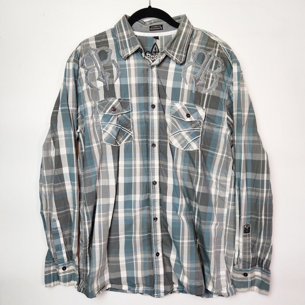 Roar Shirt Mens XL Blue Plaid Embroided Button Down Collared Preppy Western Wear
